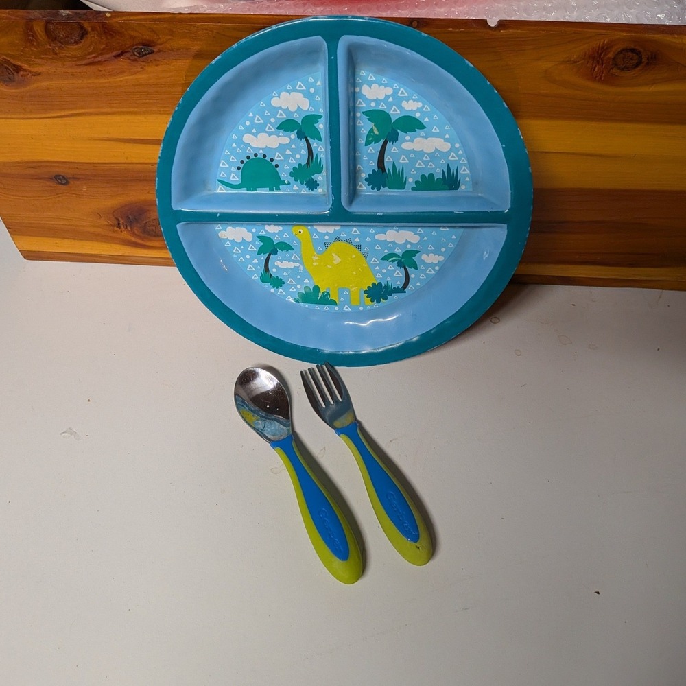 Gerber Zak Designs Dinosaur Toddler Feeding Set Divided Plate Fork Spoon Lot‎